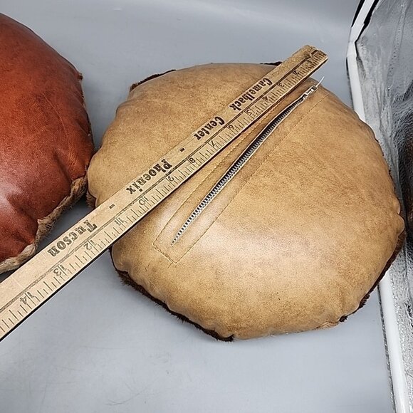 Vintage Set Of 2 Beautiful Round fur patchwork pillows Leather Back 12" - Picture 7 of 7